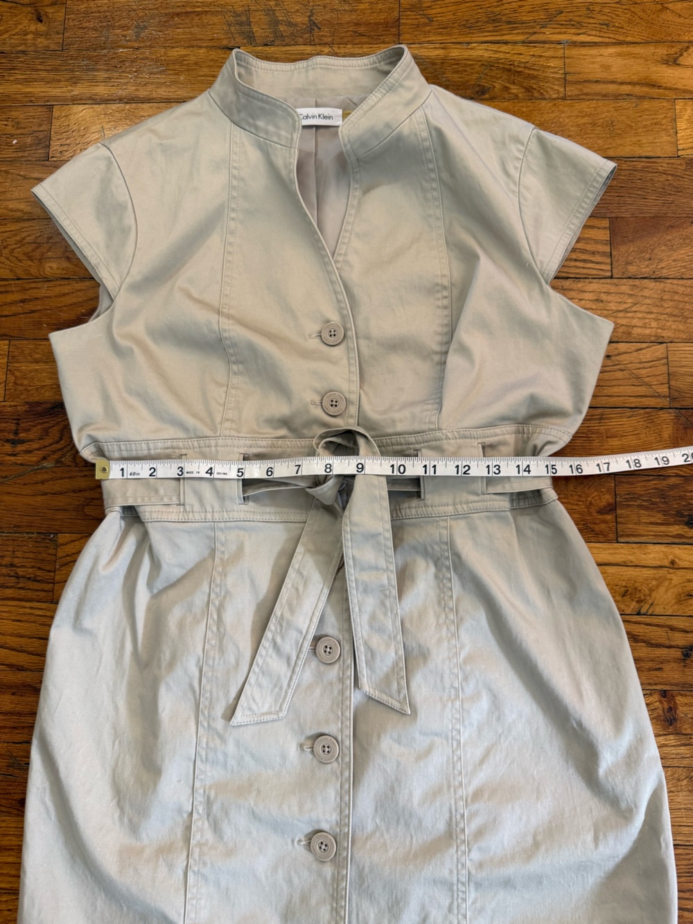 Calvin Klein Safari Sheath Midi Beige Belted Button Front Mock Neck Dress 12 - Picture 10 of 15